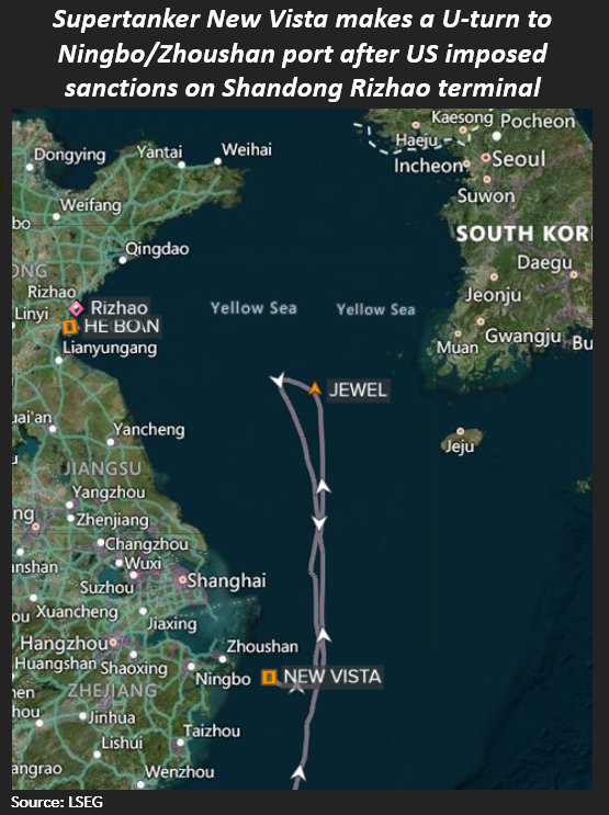 Supertanker New Vista makes a U-turn to Ningbo/Zhoushan port after US imposed sanctions on Shandong Rizhao terminal